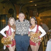 10/17/07 - Sodini’s Bertolucci’s Ristorante, South San Francisco - Handford Clews posing with 49er Gold Rush girls Asha and Lauren; Bill Graziano in the background.