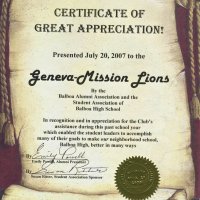 1/16/08 - Presented at regular meeting at the Granada Cafe, San Francisco - Certificate received from the Balboa Alumni Association for our continuing support. Presentation delayed from July 20, 2007 date on the certificate.