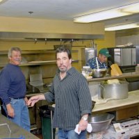 2/23/08 - 26th Annual Crab Feed - Janet Pomeroy Recreation & Rehabilitation Center, San Francisco - Two helpers, in background, with Todd Spediacci getting things going in the kitchen.