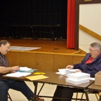 2/23/08 - 26th Annual Crab Feed - Janet Pomeroy Recreation & Rehabilitation Center, San Francisco - George Salet, on left, doing paperwork as chairman, and Handford Clews, ticket czar, getting ready for guests to arrive.