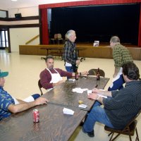 2/23/08 - 26th Annual Crab Feed - Janet Pomeroy Recreation & Rehabilitation Center, San Francisco - The kitchen crew taking a break playing cards: L to R: helper, Mike Castagnetto, Jr., his dad Mike Castagnetto, helper, and Todd Spediacci (sitting).