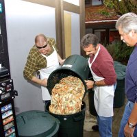 2/23/08 - 26th Annual Crab Feed - Janet Pomeroy Recreation & Rehabilitation Center, San Francisco - Moving the crab, all legs, from one can to another to mix the marinade; L to R: helper, Mike Castagnetto, Jr., and another helper.