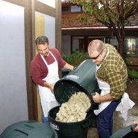 2/23/08 - 26th Annual Crab Feed - Janet Pomeroy Recreation & Rehabilitation Center, San Francisco - Moving the crab, all bodies, from one can to another to mix the marinade; L to R: helper, Mike Castagnetto, Jr., and another helper.
