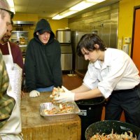 2/23/08 - 26th Annual Crab Feed - Janet Pomeroy Recreation & Rehabilitation Center, San Francisco - Dishing crab into serving trays a short while before dinner; L to R: helper, Mike Castagnetto, Jr., and three helpers.