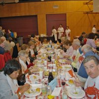 2/23/08 - 26th Annual Crab Feed - Janet Pomeroy Recreation & Rehabilitation Center, San Francisco - Guests beginning to enjoy dinner with salad. Left side: Leona Wong; right: Bob Fenech, third and fourth: Ward & Diane Donnelly.