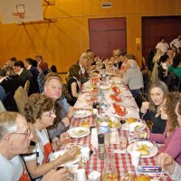 2/23/08 - 26th Annual Crab Feed - Janet Pomeroy Recreation & Rehabilitation Center, San Francisco - Guests beginning to enjoy dinner with salad. Sixth on left is Dick Johnson; fourth on right is Diane Johnson.