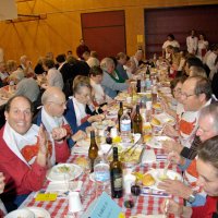 2/23/08 - 26th Annual Crab Feed - Janet Pomeroy Recreation & Rehabilitation Center, San Francisco - Guests beginning to enjoy dinner with salad. Bill Graziano near end of left side; Dick & Diane Johnson on next table to left.