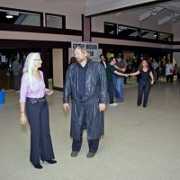 2/23/08 - 26th Annual Crab Feed - Janet Pomeroy Recreation & Rehabilitation Center, San Francisco - All the prizes having been won and given, guests start to filter out and dance. Guest Laz Reinhardt, in long coat, on the right.