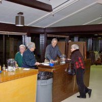 2/23/08 - 26th Annual Crab Feed - Janet Pomeroy Recreation & Rehabilitation Center, San Francisco - L to R, members behind the bar: Bob Lawhon, Joe Farrah, and Dick Johnson, talking with Arline Thomas, friend of Al Gentile.