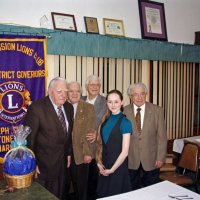 2/18/09 - Granada Cafe, San Francisco - Club Student Speaker Contest - topic “Water - Will California Be Left High and Dry” - L to R: the three judges Maurice Fitzgerald, Enrico Micheli, and Frank Gelini, winner Chloe Lessard, and Joe Farrah.