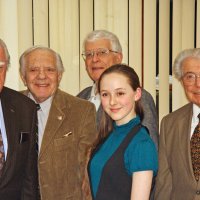 2/18/09 - Granada Cafe, San Francisco - Club Student Speaker Contest - topic “Water - Will California Be Left High and Dry” - L to R: the three judges Maurice Fitzgerald, Enrico Micheli, and Frank Gelini, winner Chloe Lessard, and Joe Farrah.