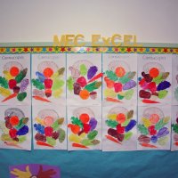 11/20/09 - Thanksgiving Luncheon, Mission Education Center, San Francisco - A Thanksgiving display of cornucopias in the hallway.