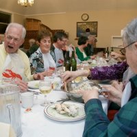 2/20/10 - 27th Annual Crab Feed, Italian American Social Club, San Francisco - Ward (yellow shirt, talking) & Diane Donnelly, and some of their group enjoying.