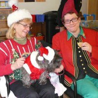 12/16/11 - Annual Christmas with Santa - Mission Education Center, San Francisco - Ms. Linda as Santa, with her dog Emma, and Jackie Cash as her Elf.