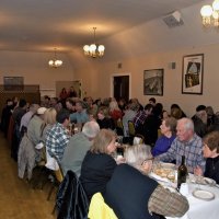 2/19/11 - 28th Annual Castagnetto / Spediacci Memorial Crab Feed - Italian American Social Club, San Francisco - Members and guests finishing up their salads. In the photo are: right end of center table: Ward & Diane Donnelly, backed by Handford Clews.