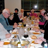 12/19/12 - Club Christmas Party at the Basque Clutural Center, South San Francisco - Front to back; left side: Suzanne Jones, guest, Bob Quinn, Emily & Joe Farrah; right side: Margot Clews, Sandra Ige, Zenaida & Bob Lawhon, Ward Donnelly, and a guest; head table, l to r: Mike Castagnetto, Emily Powell Palmer, Enrico Micheli, and a guest.