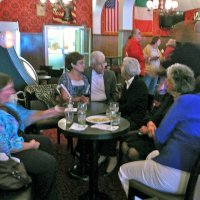 7/18/12 - Installation of Officers at the Italian American Social Club, San Francisco - L to R, seated: Suzanne Jones, Diane Donnelly, Galdo & Pat Pavini, Emily Farrah, and Margot Clews; Sharon Eberhardt, standing next to column.