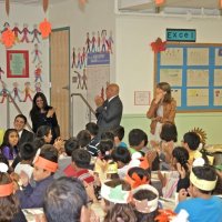 11-16-12 - Thanksgiving Luncheon, Mission Educational Center, San Francisco - Several guest from the SFUSD being applauded by the students after being introduced.