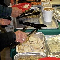 11-16-12 - Thanksgiving Luncheon, Mission Educational Center, San Francisco - Included in the luncheon are, front to back, stuffing, turkey, green beans, gravy, sweet potato tots, and macroni and cheese.