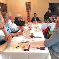 4-20-16 - Italian American Social Club, San Francisco -  Rod Mercado, candidate for District Governor visiting - Front to back, left side: Lyle Workman, George Salet, Ward Donnelly, and Sharon Eberhardt; right side: Bill Graziano; head table, l to r: Rod Mercado, Viela du Pont, and Joe Farrah.