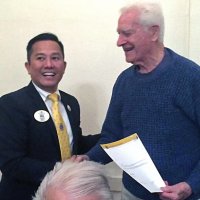 11-16-16 - District Governor Rod Mercado’s Official Visit, Italian American Social Club, San Francisco - Rod Mercado, District Governor, left, presenting Al Gentile his 60 Years of Service chevron.