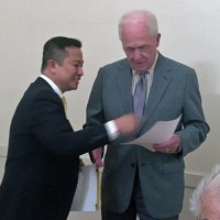 11-16-16 - District Governor Rod Mercado’s Official Visit, Italian American Social Club, San Francisco - Rod Mercado, District Governor, left, presenting Ward Donnelly his 25 Years of Service chevron.