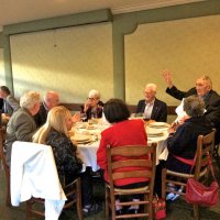 7-16-16 - 67th Installation of Officers, Basque Cultural Center, South San Francisco - Around table, starting left center: Jackie & Gerald Lowe, Bill Graziano, Arline Thomas, Al Gentile, Handford Clews, Laverne Cheso, and Margo Clews (red coat, back to camera). Table, far left: Stephen Martin, and Bob Fenech.