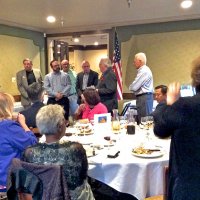 7-16-16 - 67th Installation of Officers, Basque Cultural Center, South San Francisco - Seated: Verdie Thompson, Cindy Smith, Mario & Rose Benavente, and District Governor Rod Mercado; L to R, standing: Handford Clews, Bob Fenech, Eddie Marchese, George Salet, Bill Graziano, Emil Kantola (Installing Officer), and Al Gentile.