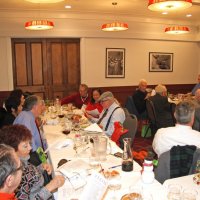 12-15-16 - Club Christmas Party, Basque Cultural Center, South San Francisco - Left table, left side, front to back: Two guests, Bob Fenech, Leona Wong, and Zenaida Lawhon; right side: Stephen Martin, Bob Lawhon, and Rosalinda & Paul Corvi. Right table, near side: George & Kathy Salet, Bill Graziano, Joe Farrah, and Al Gentile; far side: Gerald Lowe, and Margot & Handford Clews.