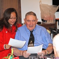 12-15-16 - Club Christmas Party, Basque Cultural Center, South San Francisco - Starting to sing carols are, L to R, Roselinda Corvi, Handford & Margot Clews. Al Gentile in foreground.