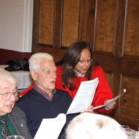 12-15-16 - Club Christmas Party, Basque Cultural Center, South San Francisco - L to R: Joe Farrah, Al Gentile, and Rosalinda Corvi; partial of Payl Corvi in left background.