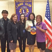 9-22-16 - Rebecca Chan and May Wong presented our Club flag to PDG Lion Wendy Sun from Shen Zhen, China while visiting the Chinatown Lions. L to R: Michael Chan, SF Cyber Lions; PDG Macy Mak Chan; Rebecca Chan; PDG Wendy Sun; and May Wong.