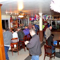 1-20-16 - Mariposa Hunters Point Yacht Club, San Francisco - Reviewing new venue for our upcoming Crab Feed - View of the bar area from the raised stage. At table on right: L to R: Bill Graziano, Viela du Pont (seated), and George Salet.