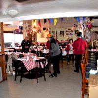 3-5-16 - Mariposa Hunters Point Yacht Club, San Francisco - 31st Annual Crab Feed - Still working on setting up the tables are, l to r, George Salet, Bob Fenech, Sharon Eberhardt, Bill Graziano, Zenaida Lawhon, Ward Donnelly, and Stephen Martin.