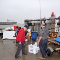 3-5-16 - Mariposa Hunters Point Yacht Club, San Francisco - 31st Annual Crab Feed - Unpacking the crab, dealing with the ice, and recycling the boxes. L to R: Viela du Pont, Ward Donnelly, Eddie Marchese, and George Salet.