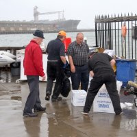 3-5-16 - Mariposa Hunters Point Yacht Club, San Francisco - 31st Annual Crab Feed - Unpacking the crab, dealing with the ice, and recycling the boxes. L to R: Ward Donnelly, Bob Fenech, George Salet, and Eddie Marchese.