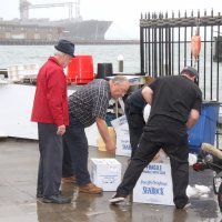 3-5-16 - Mariposa Hunters Point Yacht Club, San Francisco - 31st Annual Crab Feed - Unpacking the crab, dealing with the ice, and recycling the boxes. L to R: Ward Donnelly, George Salet, Bob Fenech, and Eddie Marchese.