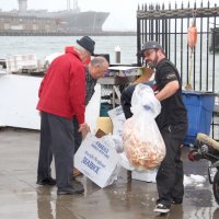 3-5-16 - Mariposa Hunters Point Yacht Club, San Francisco - 31st Annual Crab Feed - Unpacking the crab, dealing with the ice, and recycling the boxes. L to R: Ward Donnelly, George Salet, Bob Fenech, and Eddie Marchese.