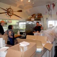 3-5-16 - Mariposa Hunters Point Yacht Club, San Francisco - 31st Annual Crab Feed - Just preparing to put the crab in cans to marinade it. L to R: Bob Fenech, Viela du Pont, Mike Spediacci, Jr., Eddie Marchese, and Stephen Martin.