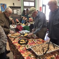 11-18-16 - MEC Thanksgiving Luncheon, Mission Education Center, San Francisco - Putting together plates are, L to R, Joe Farrah, Bill Graziano, and Al Gentile.