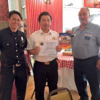 8/15/18 - Italian American Social Club - SFFD Firefighter Maiko Bristol and Battalion Chief Sam Lai being presented a Certificate of Appreciation and club banner by Lion President George Salet following Chief Sam's presentation to the club.