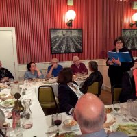 9/19/18 - Guest speaker SFPD Capt. Jack Hart, Italian American Social Club - Lion Sharon Eberhardt (standing) introducing Capt. Jack Hart as guest speaker. From left: Lion Joe Farrah, Capt. Jack Hart, four guests of Lion Sharon Eberhardt, Lion Sharon Eberhardt, Lions Lyle Workman, Zenaida Lawhon (turned toward Lion Sharon), and facing room, Lion Bill Graziano and Steve Martin (on left).