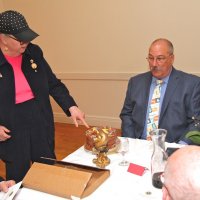 06/20/18 - 69th Installation of Officers, Italian American Social Club, San Francisco - Outgoing Lion President Sharon Eberhardt letting newly installed Lion President George Salet that the cake is all about him.