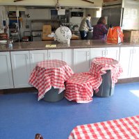 2/24/18 - 33rd Annual Crab Feed - Lion George Salet watching the crab marinate; like watching grass grow. In the background, Lions Al Gentile and Viela du Pont in the kitchen doing prep work.