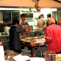 2/24/18 - 33rd Annual Crab Feed - Leona Wong and Barbara Dimas mixing pasta, Roxanne Gentile and Mick Dimas at the sink, and Rose Ann Harris, in red sweater, with Lion Viela du Pont helping with the pasta.