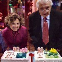 1/15/2020 In Seattle via Facebook - Theresa Farrah and her father, Lion Joe Farrah, at Theresa's surprise birthday party at a Mediterranean restaurant in Seattle. Joe's 91st birthday was the day before. Photo on right cake is of Joe and Emily Farrah looking down on baby Theresa.