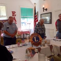 7/3/19 - Lions meeting, IASC - R to L: Lions Zenaida Lawhon, President George Salet. Secretary Joe Farrah, and Bob Fenech just finishing the invocation.