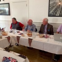 7/3/19 - Lions meeting, IASC - L to R: Lions Secretary Joe Farrah (making a point), Bob Fenech, Bill Graziano, Ward Donnelly, and Lyle Workman (taking notes.)