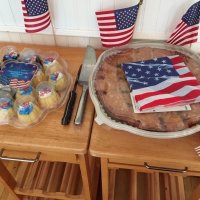 7/3/19 - Lions meeting, IASC - Patriotically decorated cupcakes, provided by Lion Sharon Eberhardt, and apple pie, provided by Lions Bob and Zenaida Lawhon, for the meeting.