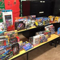 12/13/19 - Mission Education Center Christmas with Santa and Los Bomberos Firefighters - some of the gifts on display ready to be given by Santa to the 200 students in the school.